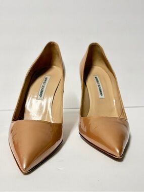 Manolo Blahnik Gold Patent Leather Pointed-Toe Pumps